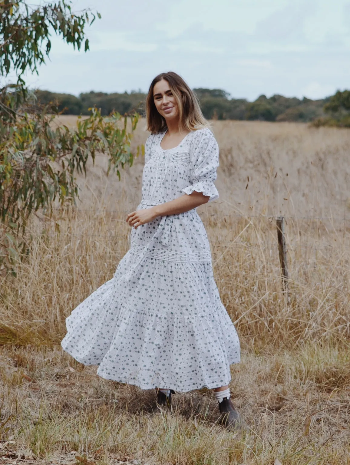 100% RECYCLED COTTON - MORNING SONG HAND SMOCKED TIERED DRESS - GREEN ROSE FLORAL