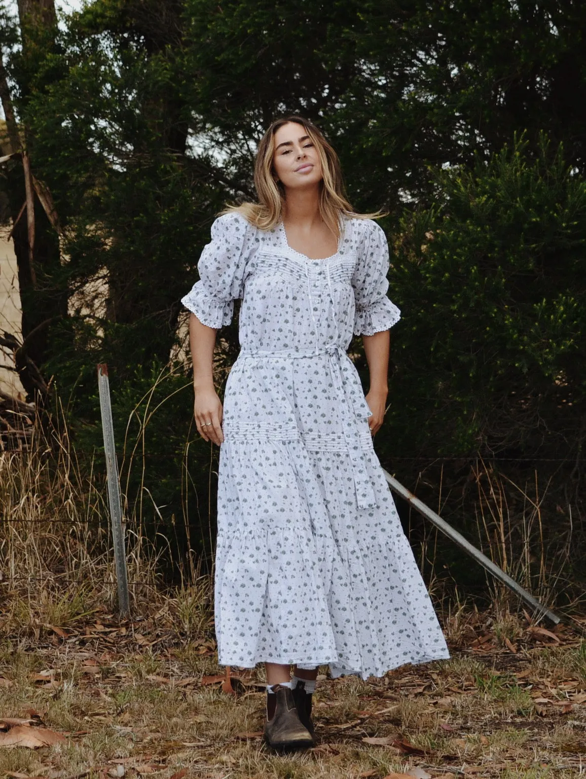 100% RECYCLED COTTON - MORNING SONG HAND SMOCKED TIERED DRESS - GREEN ROSE FLORAL