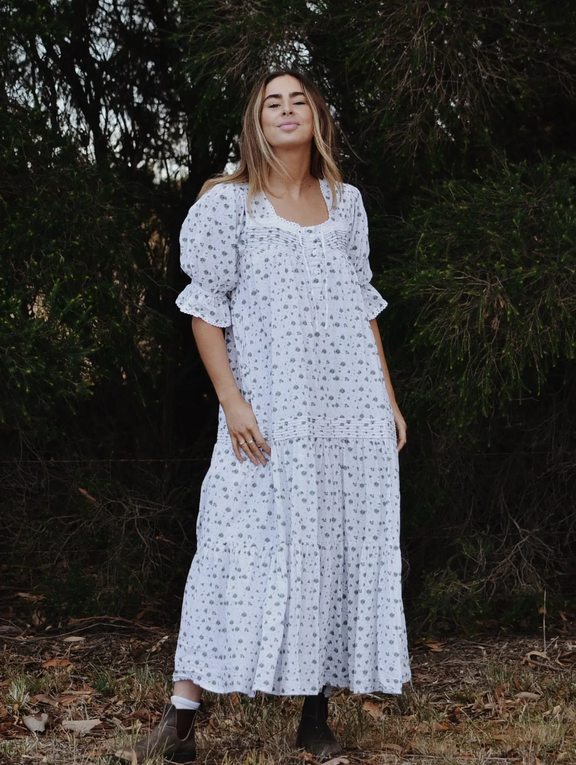 100% RECYCLED COTTON - MORNING SONG HAND SMOCKED TIERED DRESS - GREEN ROSE FLORAL