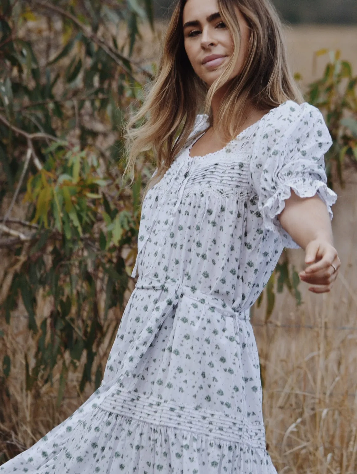 100% RECYCLED COTTON - MORNING SONG HAND SMOCKED TIERED DRESS - GREEN ROSE FLORAL