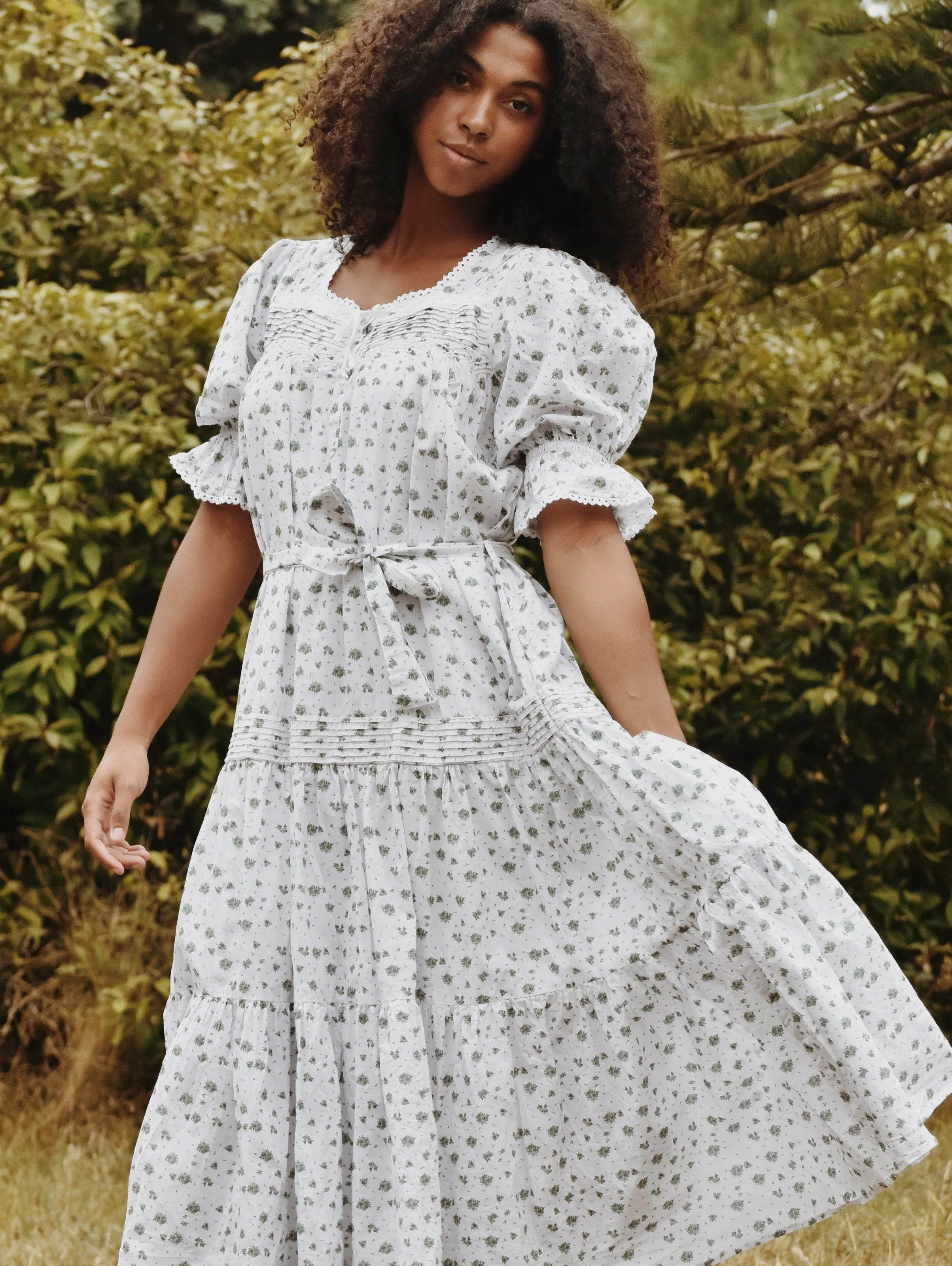 100% RECYCLED COTTON - MORNING SONG HAND SMOCKED TIERED DRESS - GREEN ROSE FLORAL