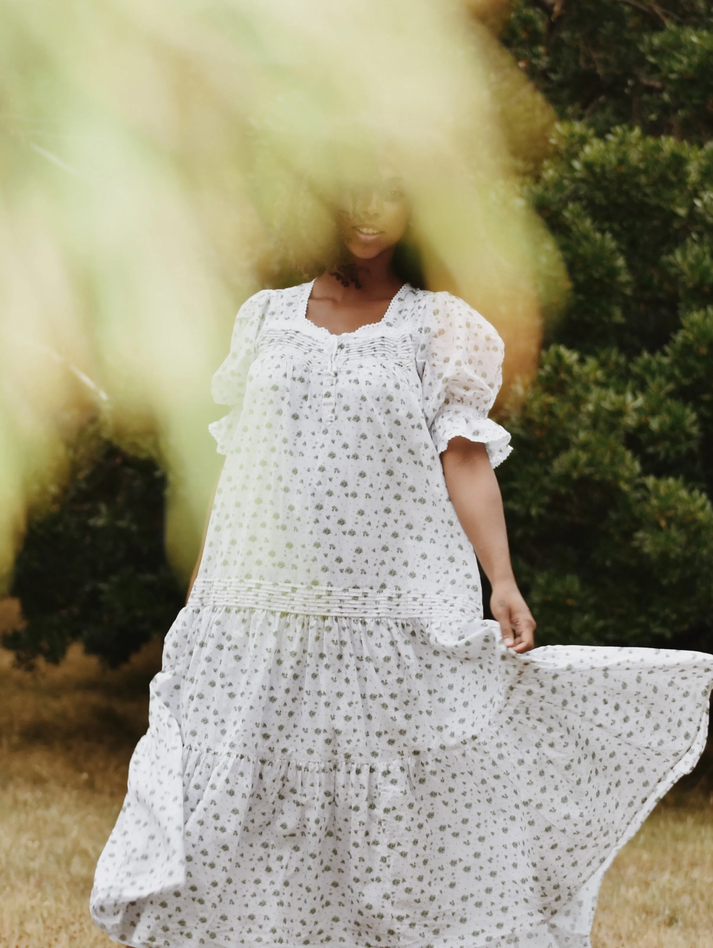 100% RECYCLED COTTON - MORNING SONG HAND SMOCKED TIERED DRESS - GREEN ROSE FLORAL