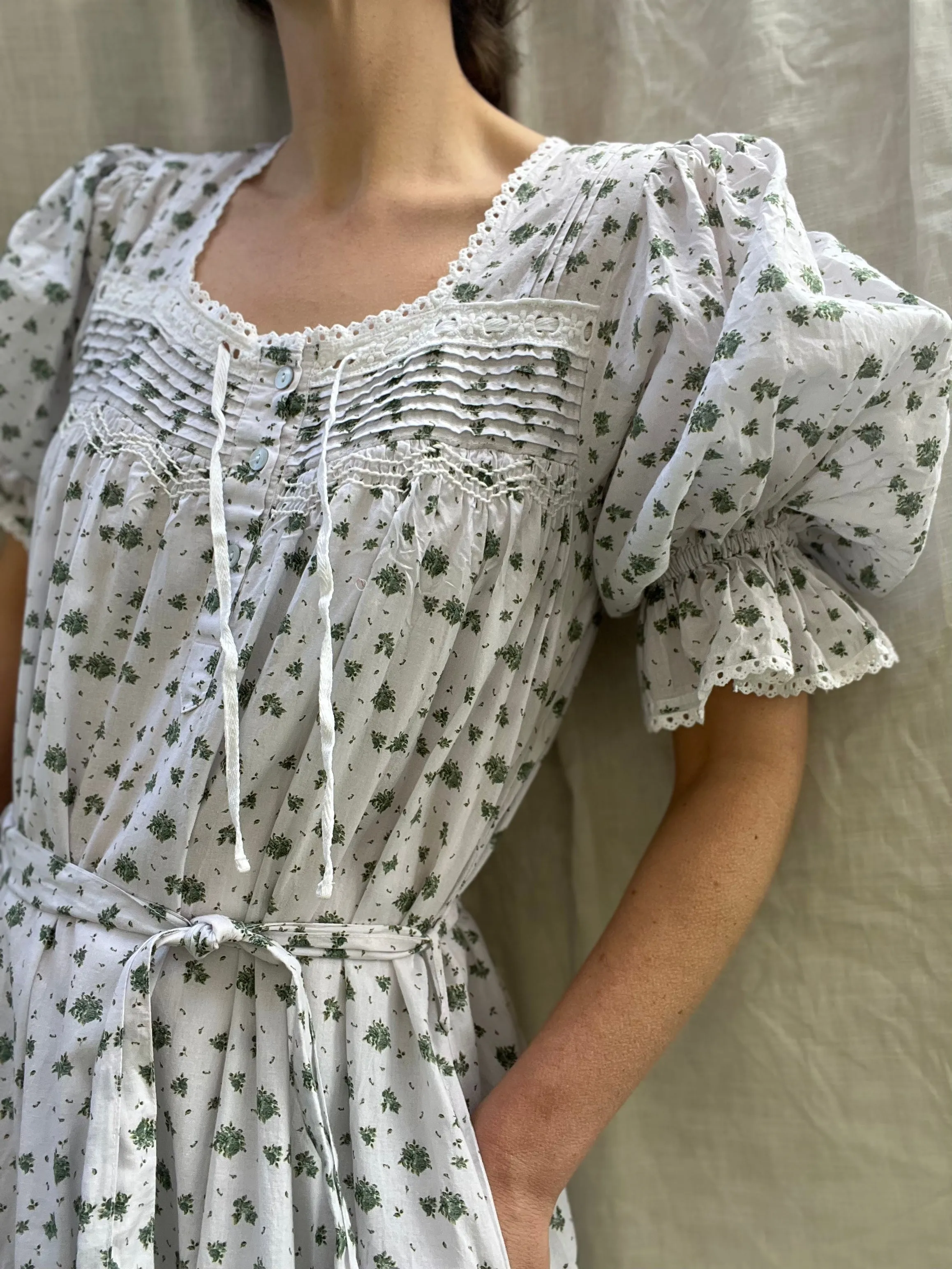 100% RECYCLED COTTON - MORNING SONG HAND SMOCKED TIERED DRESS - GREEN ROSE FLORAL