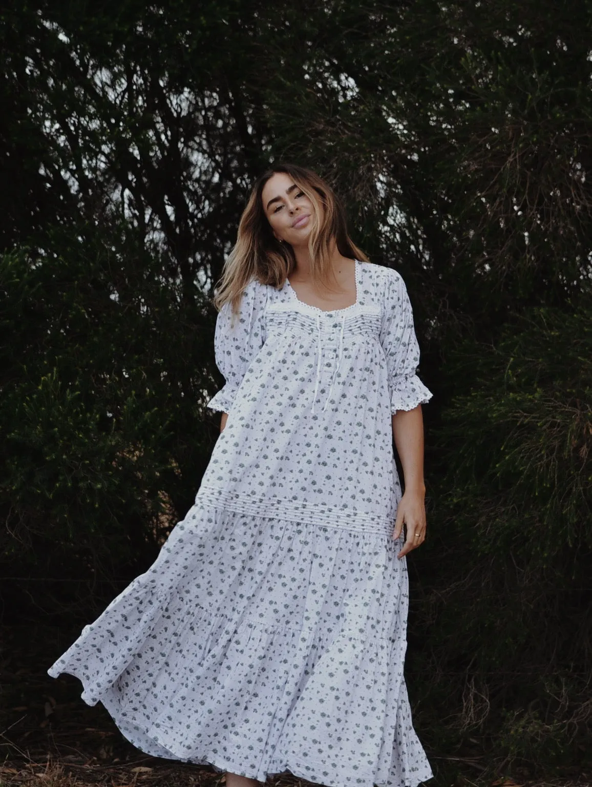 100% RECYCLED COTTON - MORNING SONG HAND SMOCKED TIERED DRESS - GREEN ROSE FLORAL