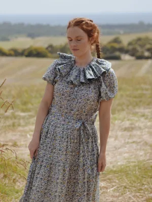 100% RECYCLED COTTON - PIERROT MAXI DRESS BLUE AND YELLOW FLORAL