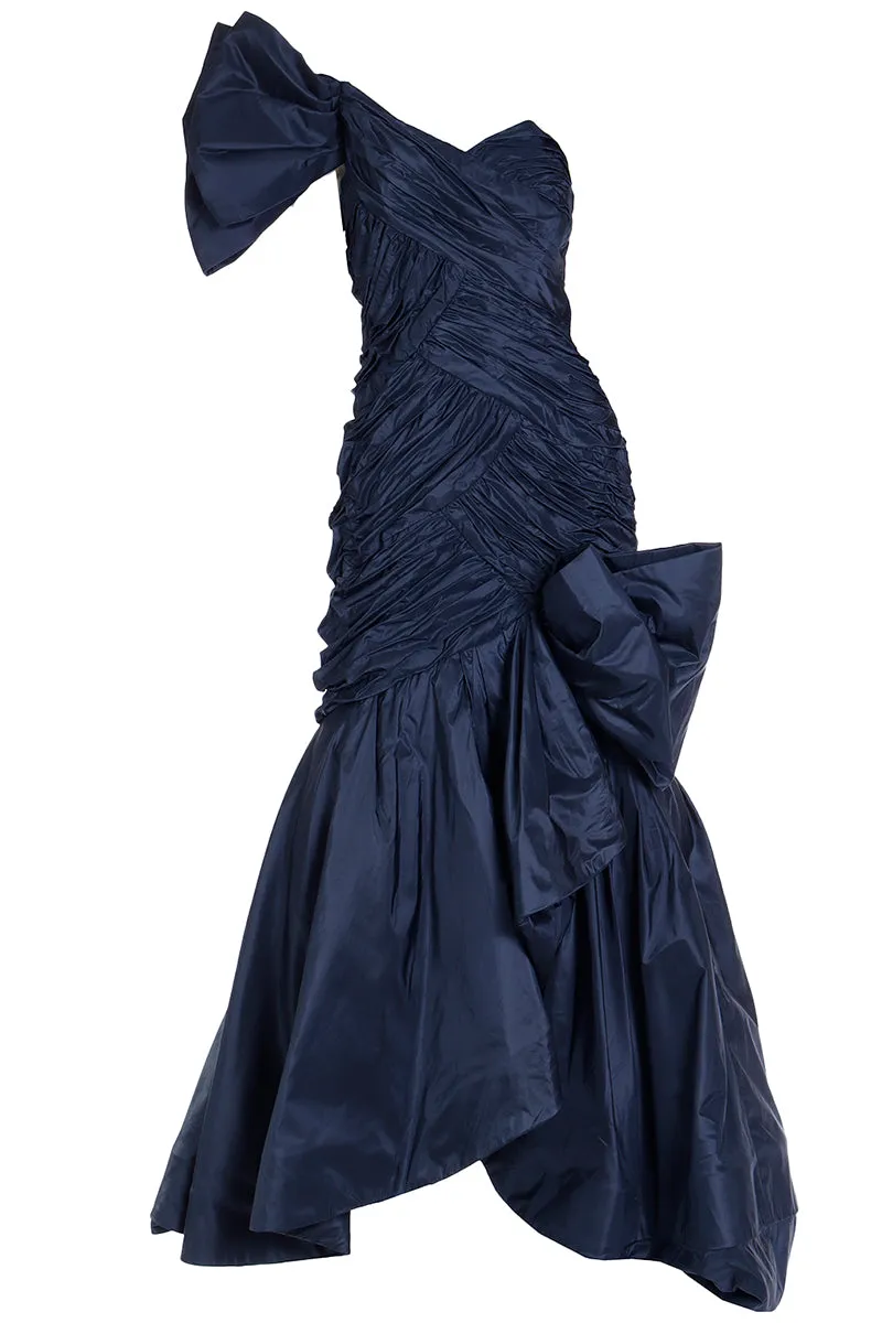 1980s Scaasi Dramatic Pleated Vintage Blue Taffeta Dress W Bows