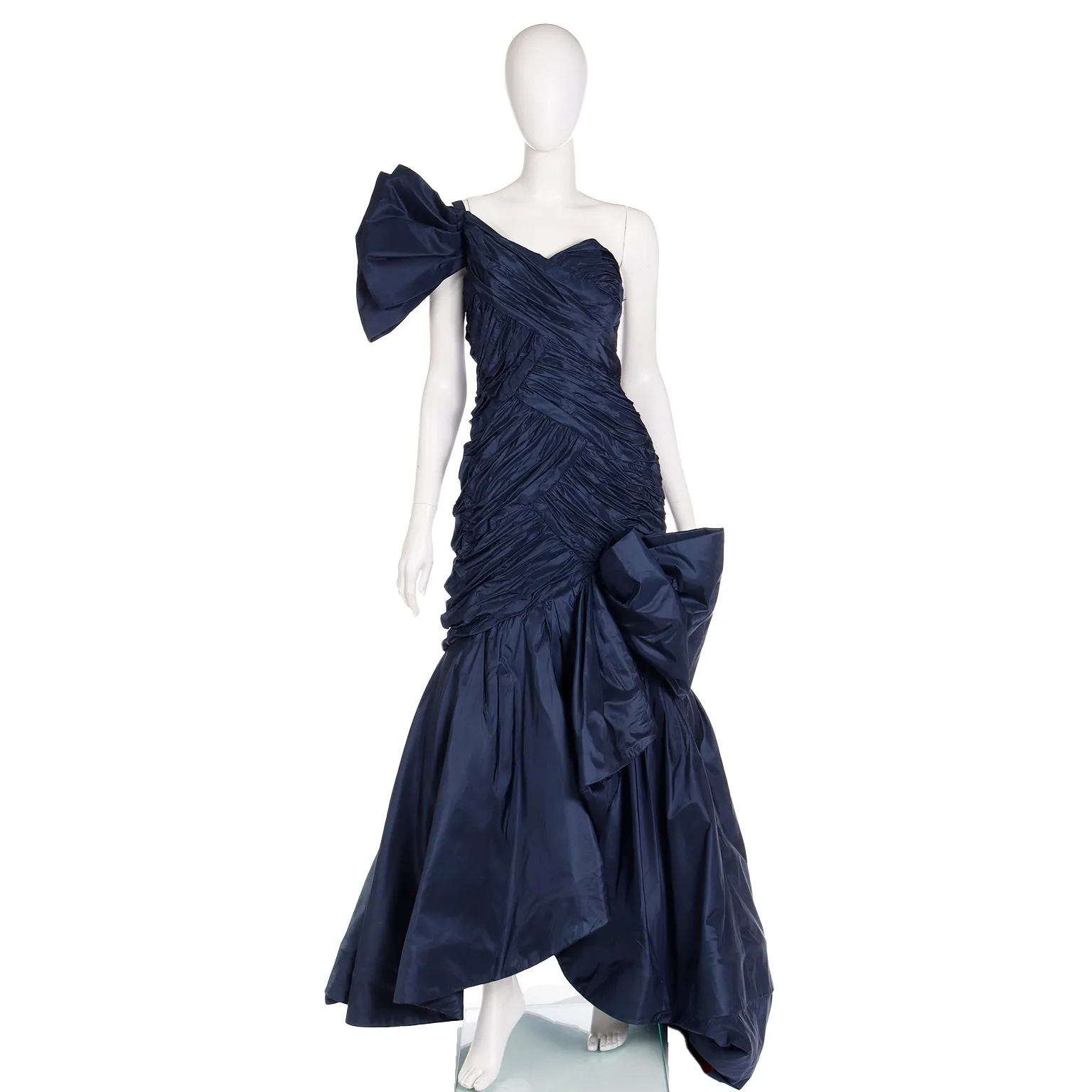 1980s Scaasi Dramatic Pleated Vintage Blue Taffeta Dress W Bows