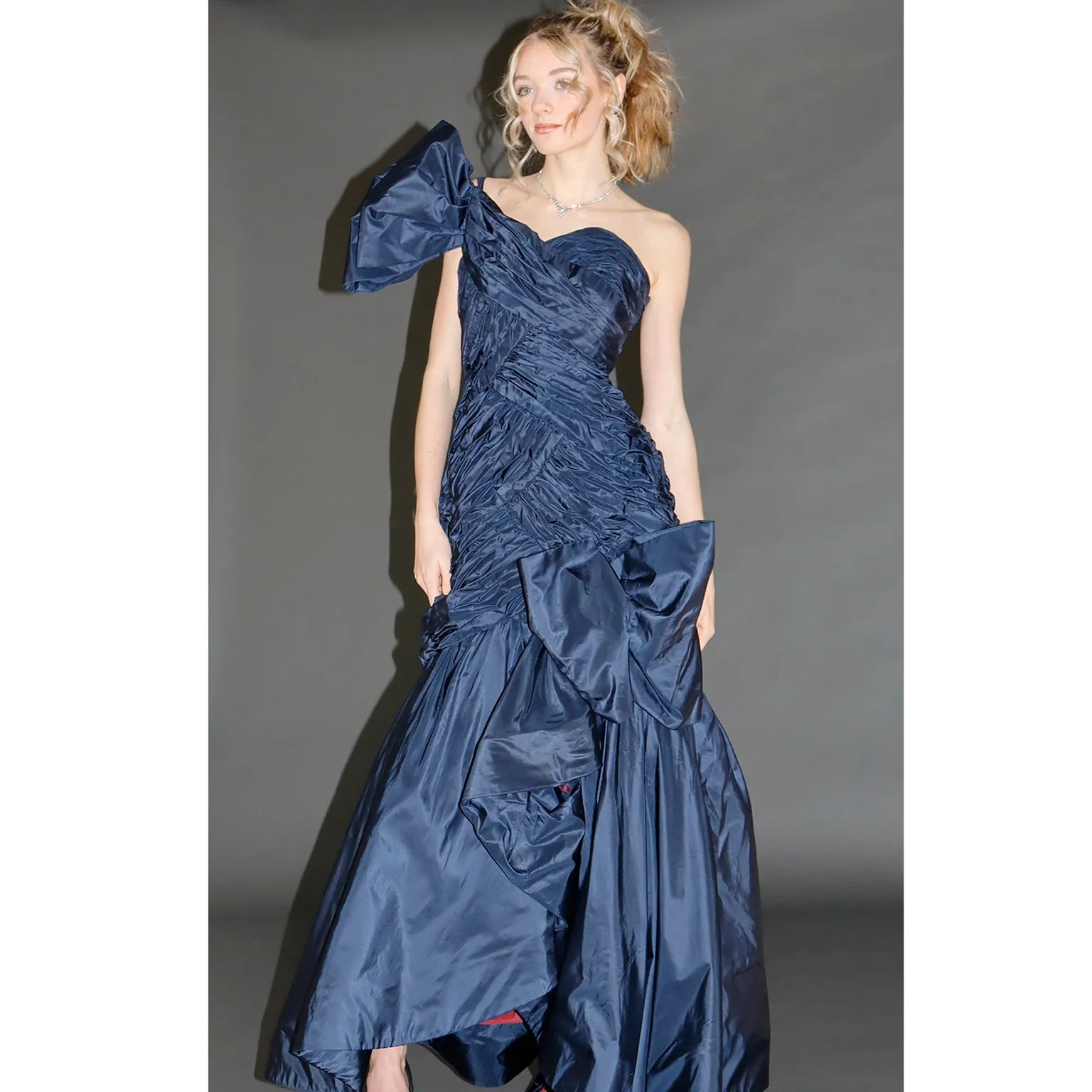 1980s Scaasi Dramatic Pleated Vintage Blue Taffeta Dress W Bows