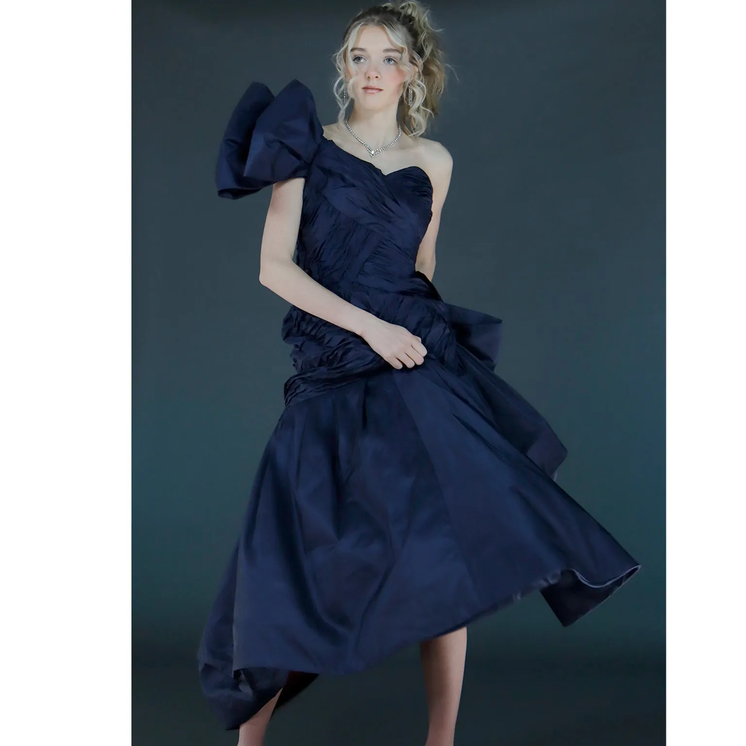 1980s Scaasi Dramatic Pleated Vintage Blue Taffeta Dress W Bows