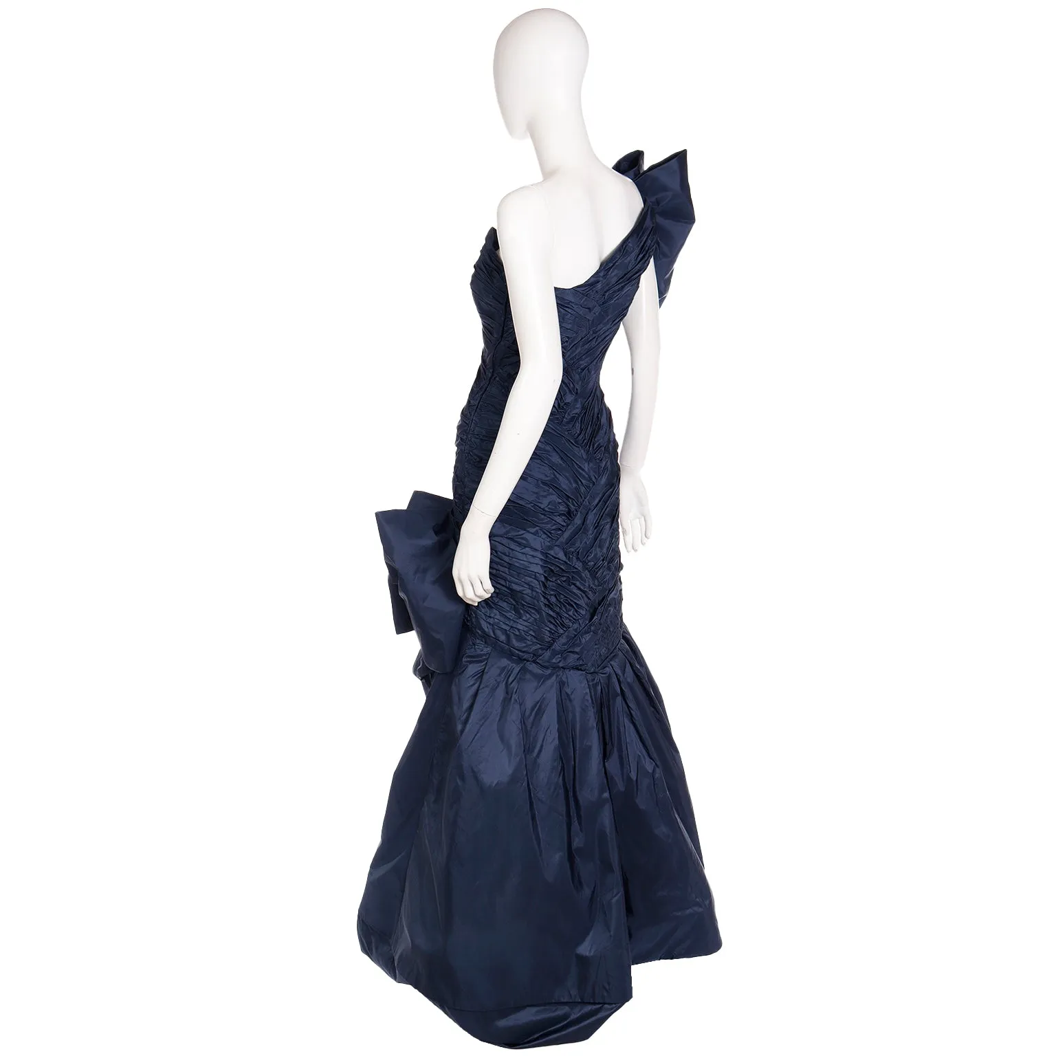 1980s Scaasi Dramatic Pleated Vintage Blue Taffeta Dress W Bows