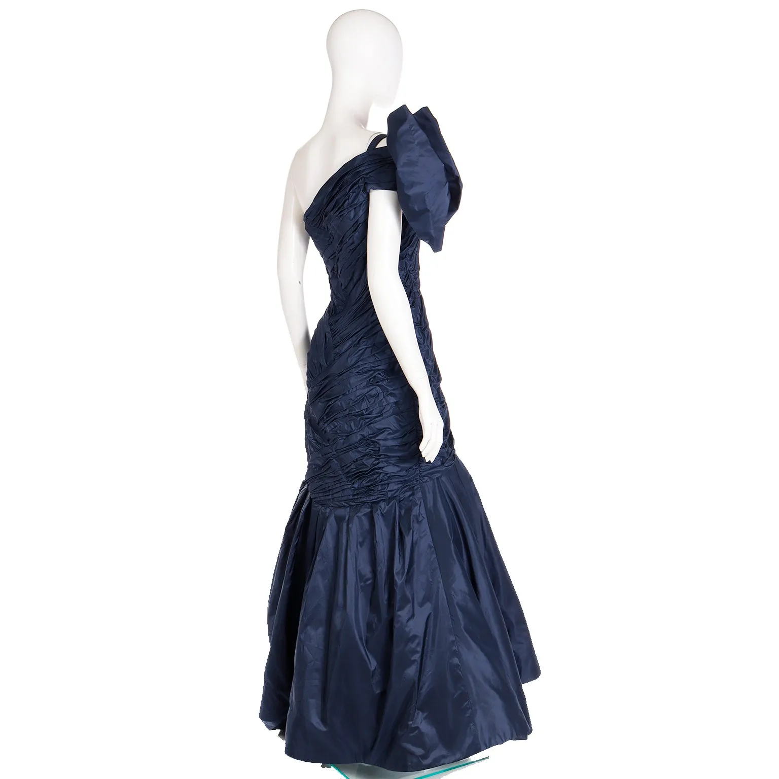 1980s Scaasi Dramatic Pleated Vintage Blue Taffeta Dress W Bows