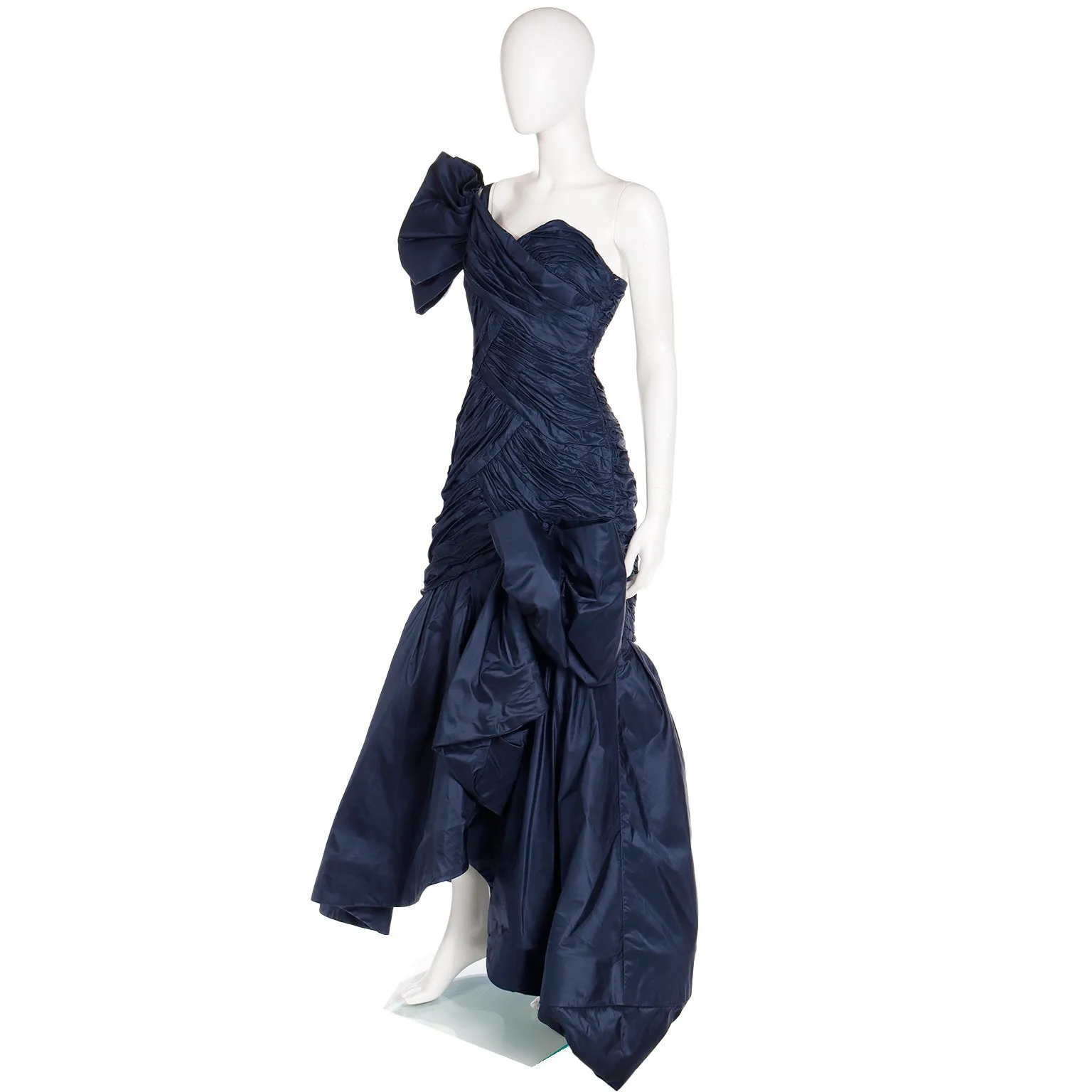 1980s Scaasi Dramatic Pleated Vintage Blue Taffeta Dress W Bows