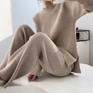 2Pcs Soft Knitted Sweater and High-Waisted Loose Pants Tracksuit Set