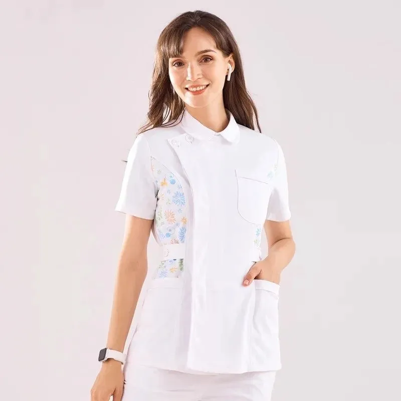 AL-39 Nurse Scrubs Healthcare Tunic White Women Pet Vet Beautician Work Uniform Style Nursing Robe