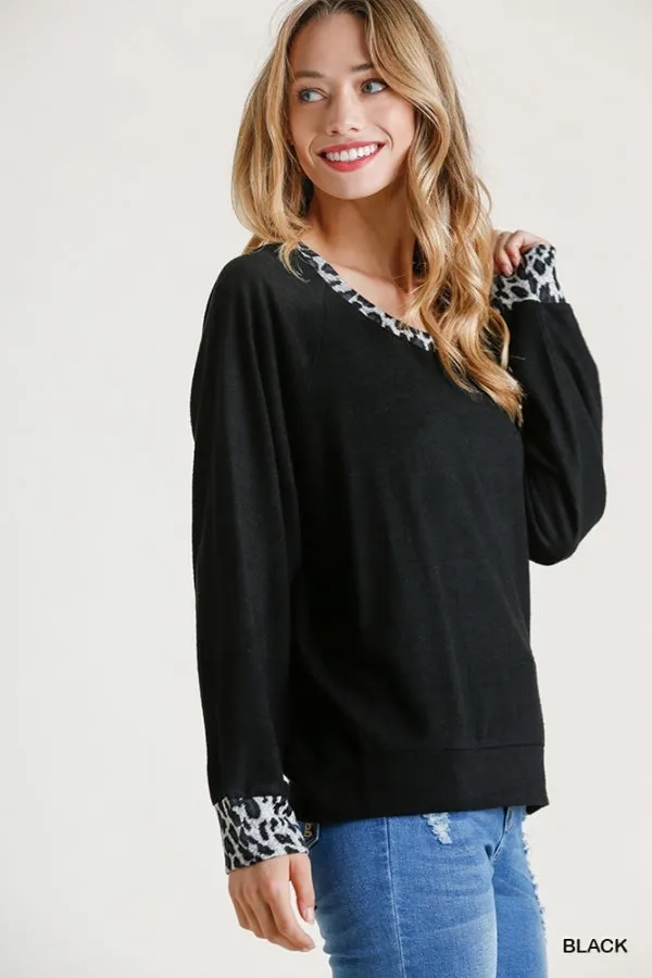 Animal Print Trimmed Top, Black