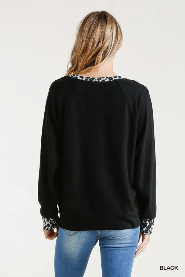 Animal Print Trimmed Top, Black