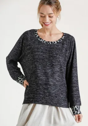 Animal Print Trimmed Top, Charcoal