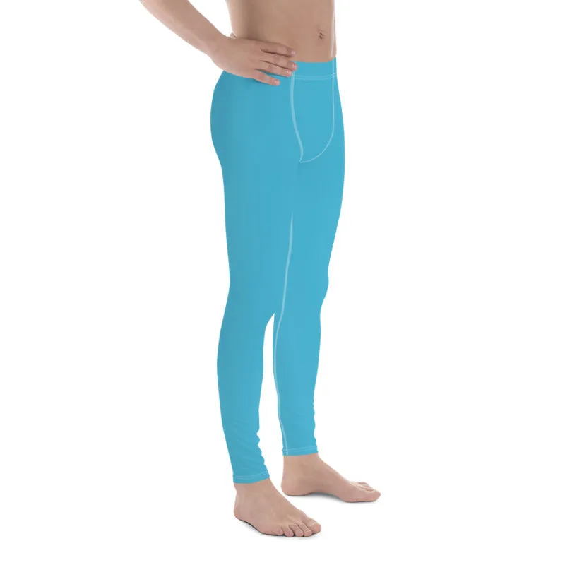 Aqua Blue Solid Color Meggings, Modern Solid Blue Color Designer Spandex Men's Tights/Leggings- Made in USA/ MX/ EU