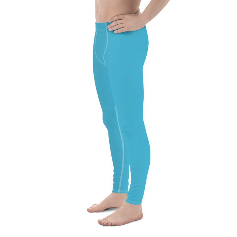 Aqua Blue Solid Color Meggings, Modern Solid Blue Color Designer Spandex Men's Tights/Leggings- Made in USA/ MX/ EU