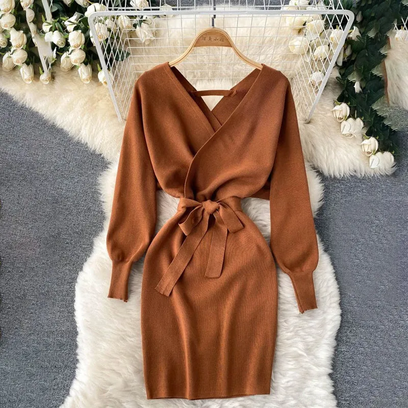 Autumn and Winter Fashion Knitted Pullover Waist Tie Dresses