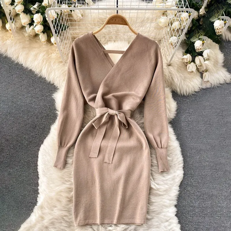 Autumn and Winter Fashion Knitted Pullover Waist Tie Dresses