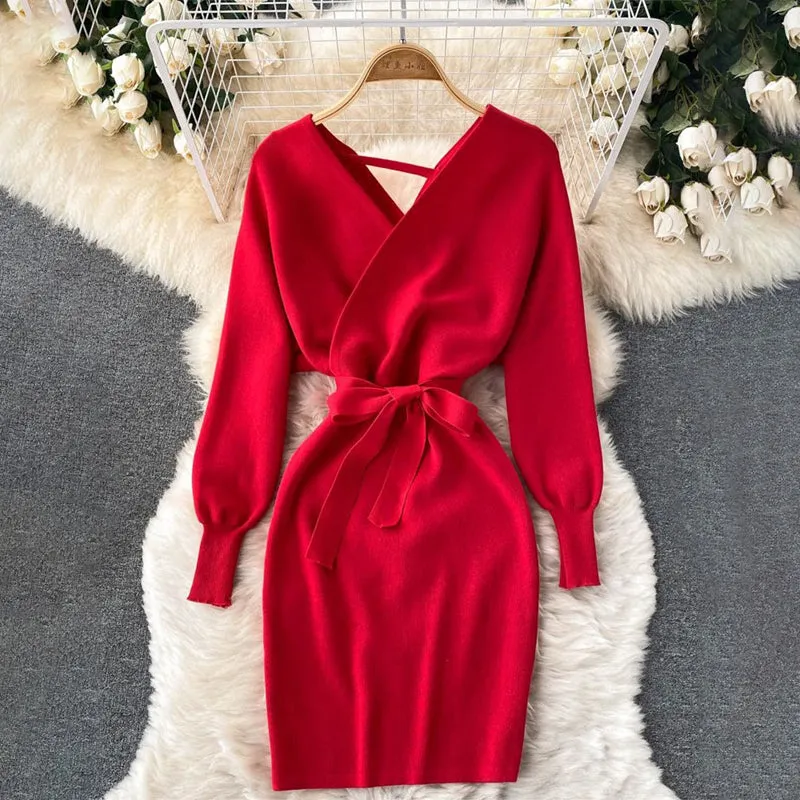 Autumn and Winter Fashion Knitted Pullover Waist Tie Dresses