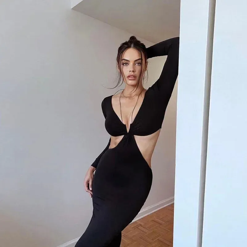 Autumn Long-sleeve Halter-neck Black Split Skinny Maxi Dress