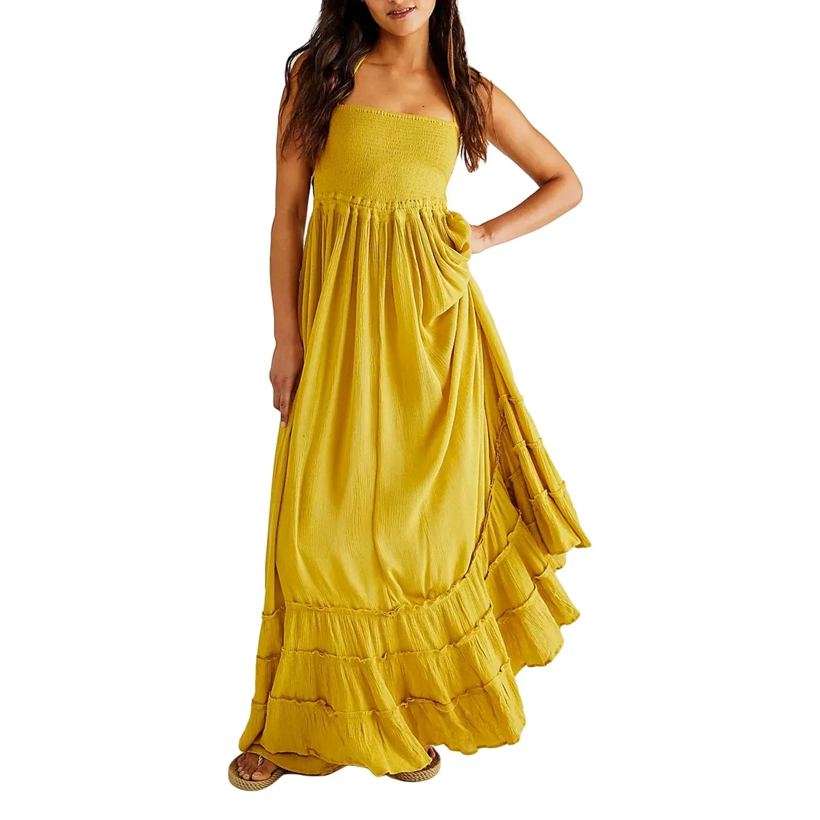 Backless Pleated Long Maxi Dress Neck Flowy Open Back Beach Resort Casual Summer Dress