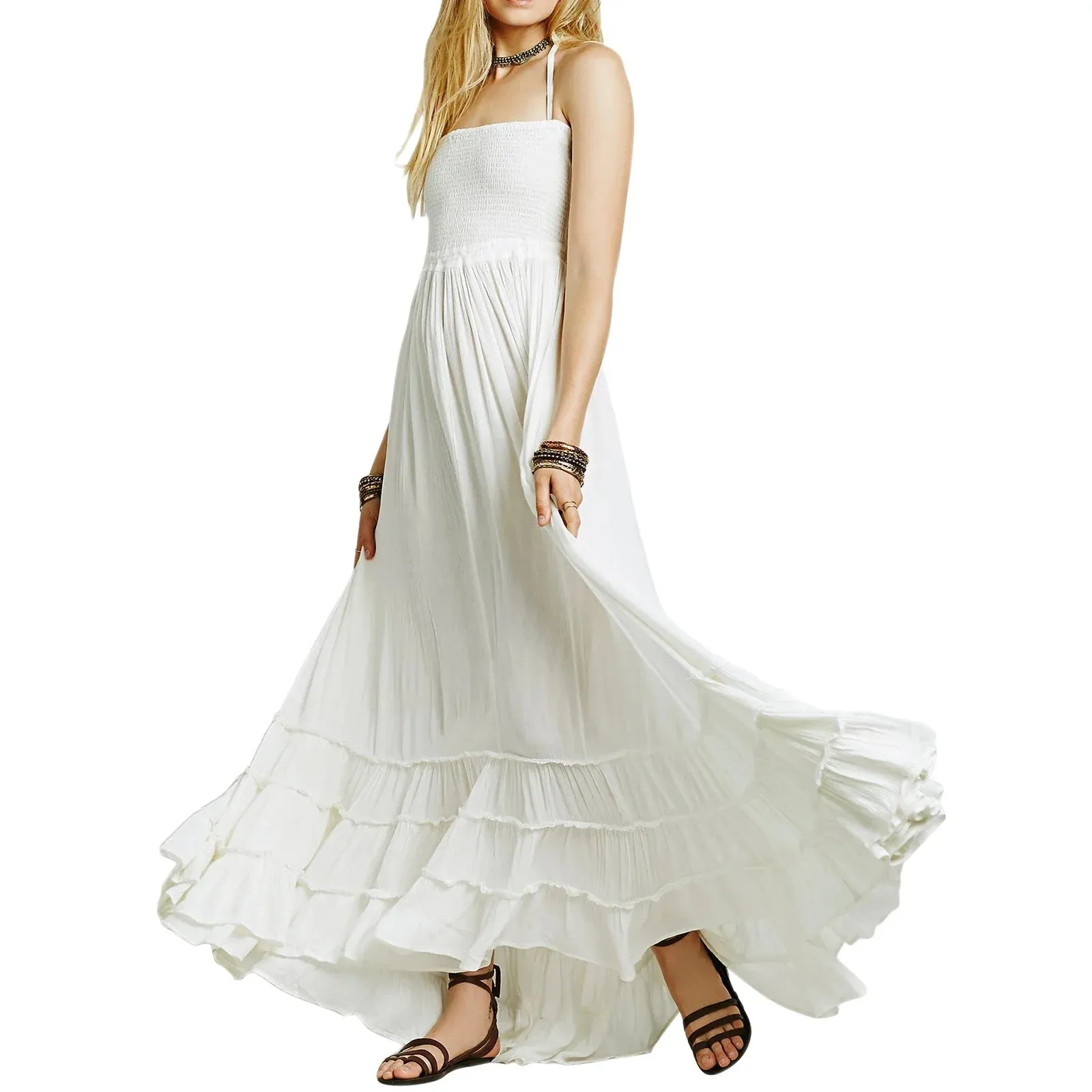 Backless Pleated Long Maxi Dress Neck Flowy Open Back Beach Resort Casual Summer Dress