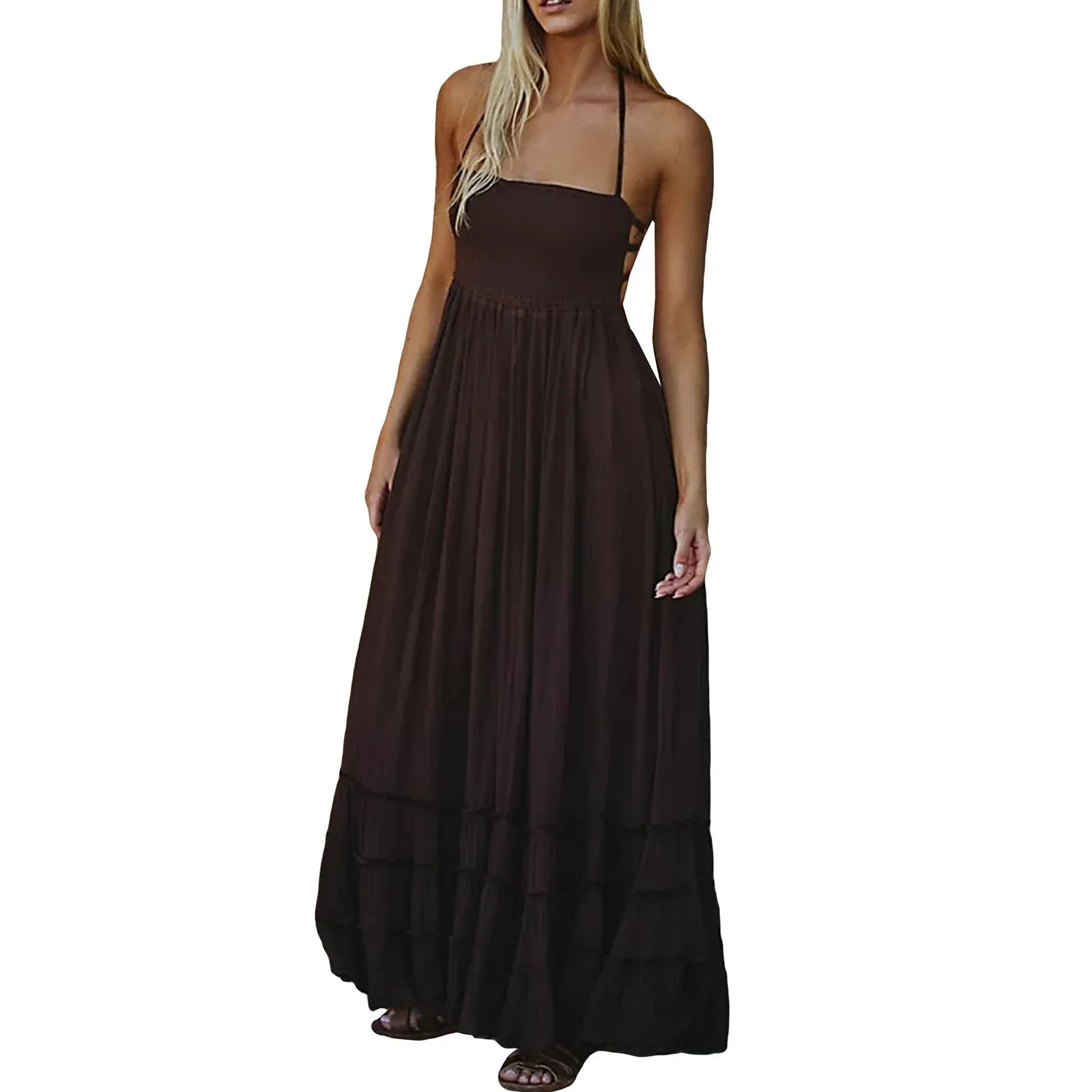 Backless Pleated Long Maxi Dress Neck Flowy Open Back Beach Resort Casual Summer Dress