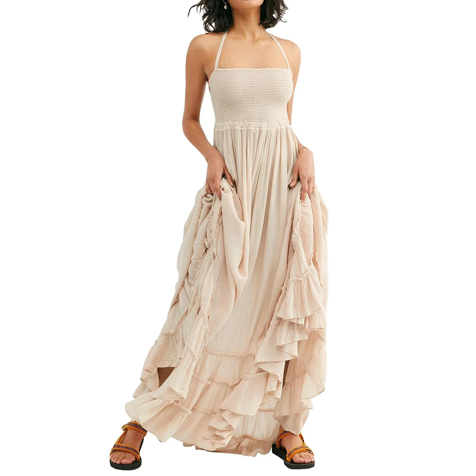 Backless Pleated Long Maxi Dress Neck Flowy Open Back Beach Resort Casual Summer Dress