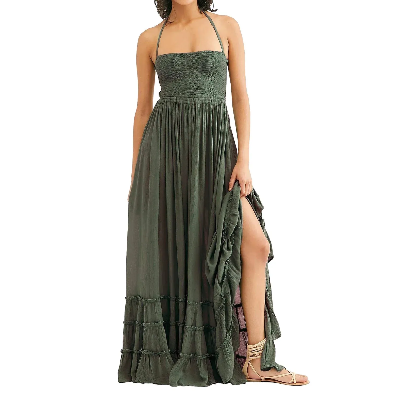 Backless Pleated Long Maxi Dress Neck Flowy Open Back Beach Resort Casual Summer Dress