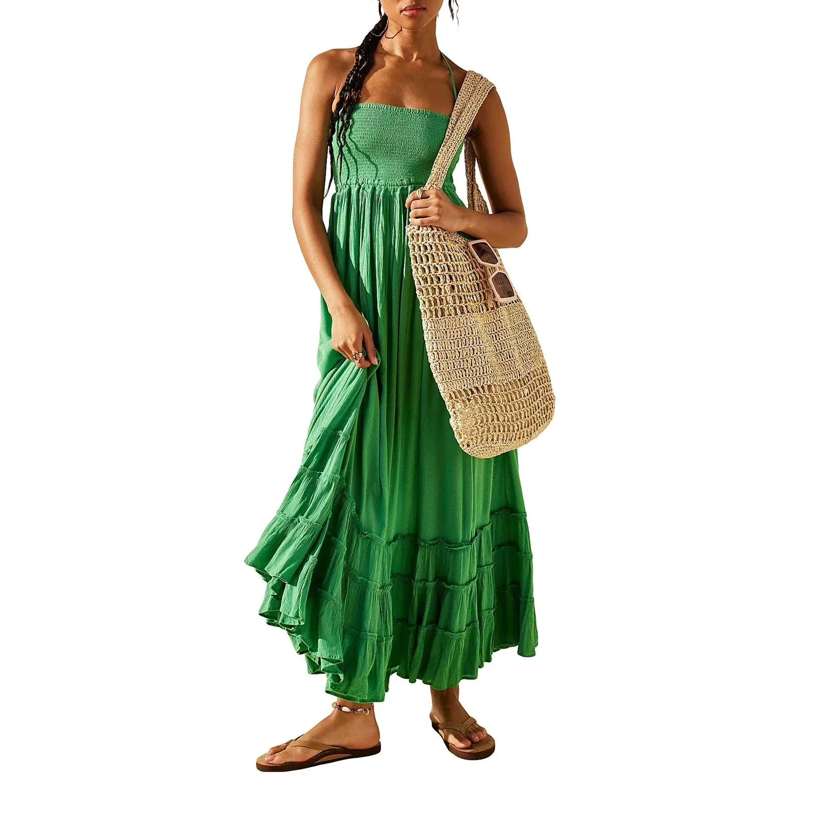 Backless Pleated Long Maxi Dress Neck Flowy Open Back Beach Resort Casual Summer Dress