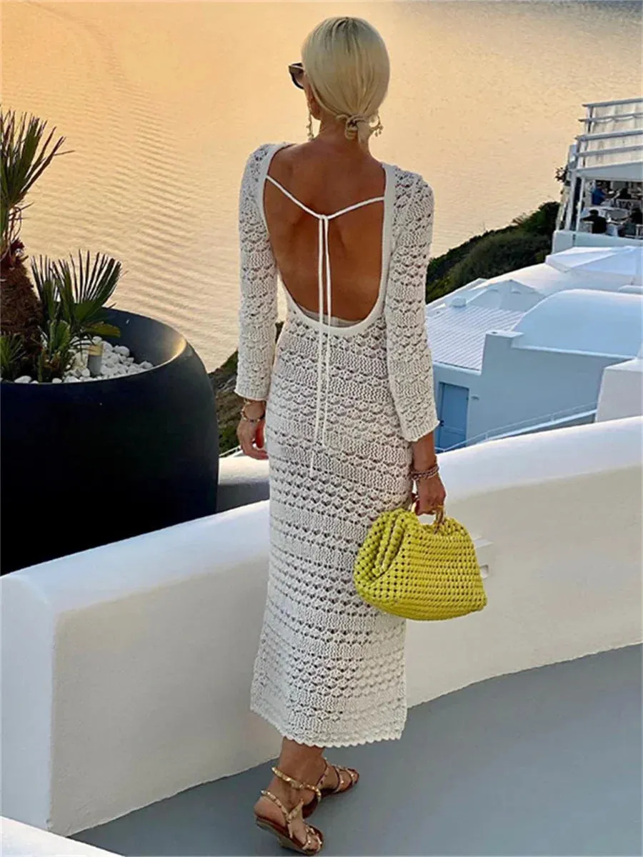 Backless Tie Up Crochet Maxi Dress for Beach