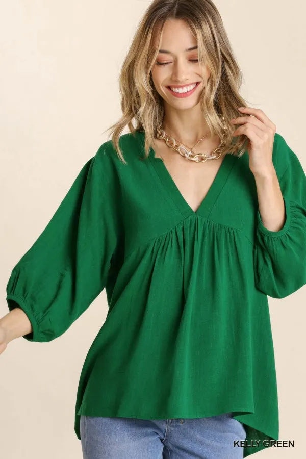 Balloon Sleeve Babydoll Top, Green