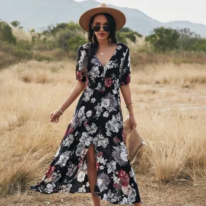 Beach Boho Floral Print with Tassel Split Front Maxi Dresses