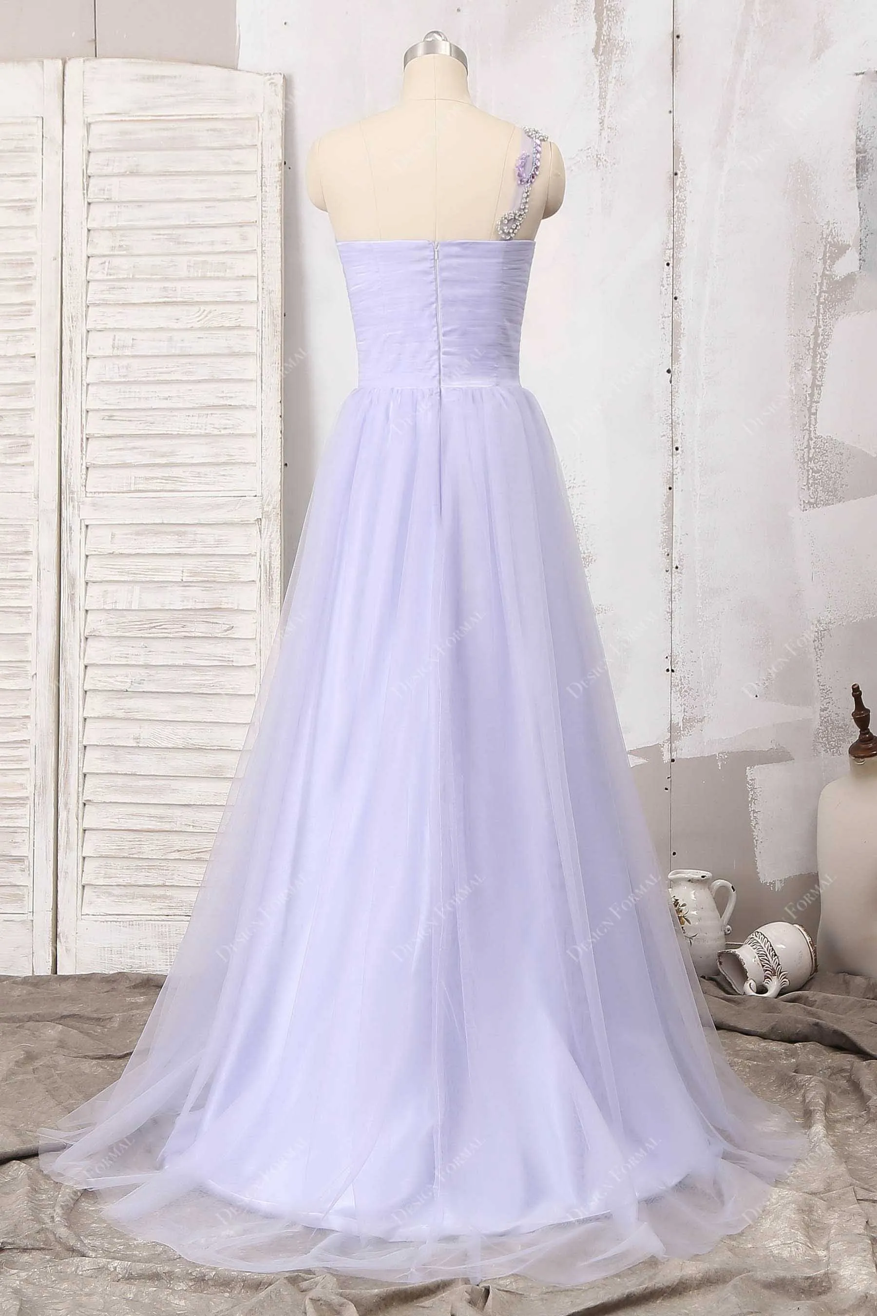 Beaded One Strap Lavender Tulle Floor Length A-line Dress