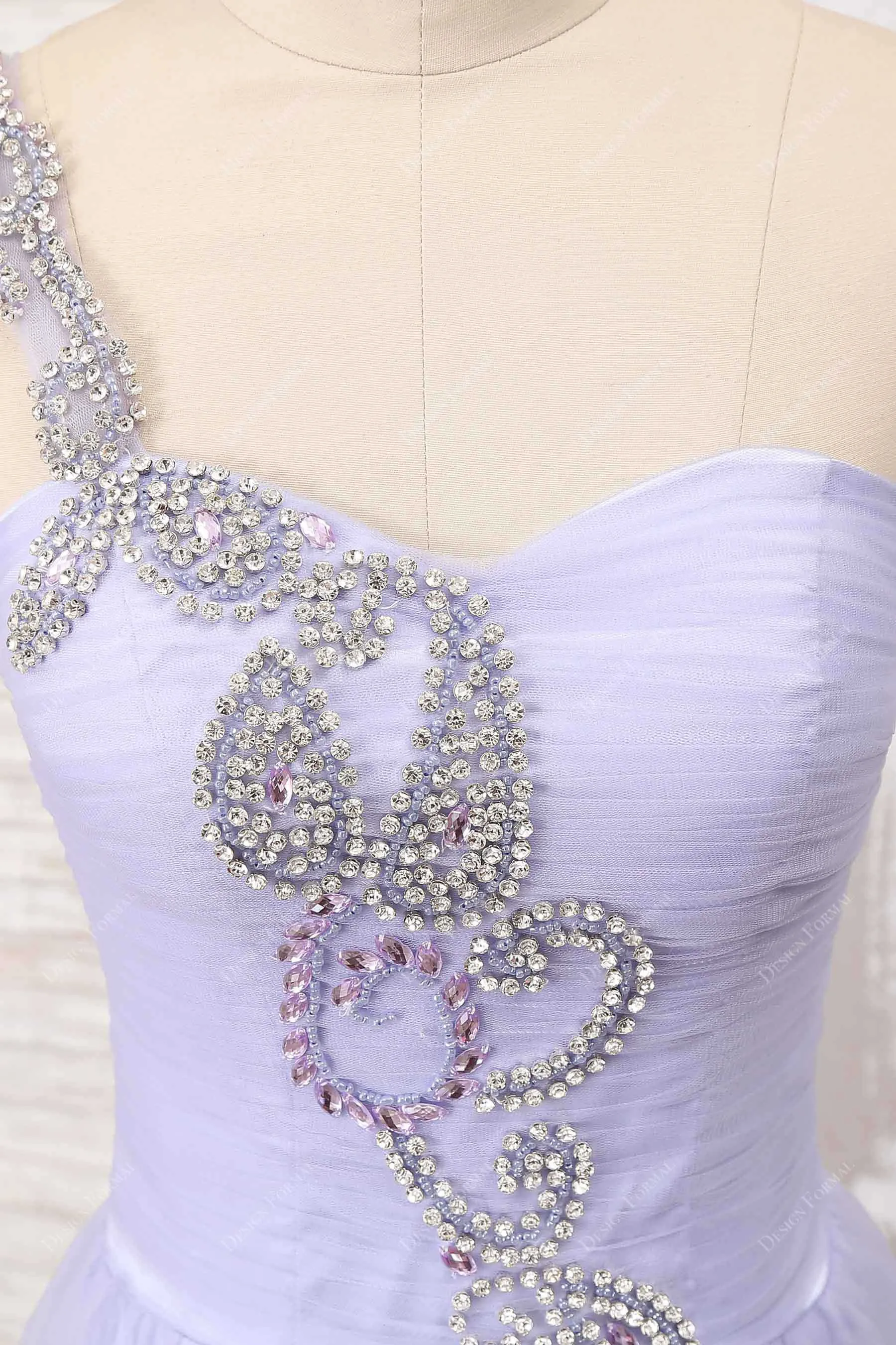 Beaded One Strap Lavender Tulle Floor Length A-line Dress