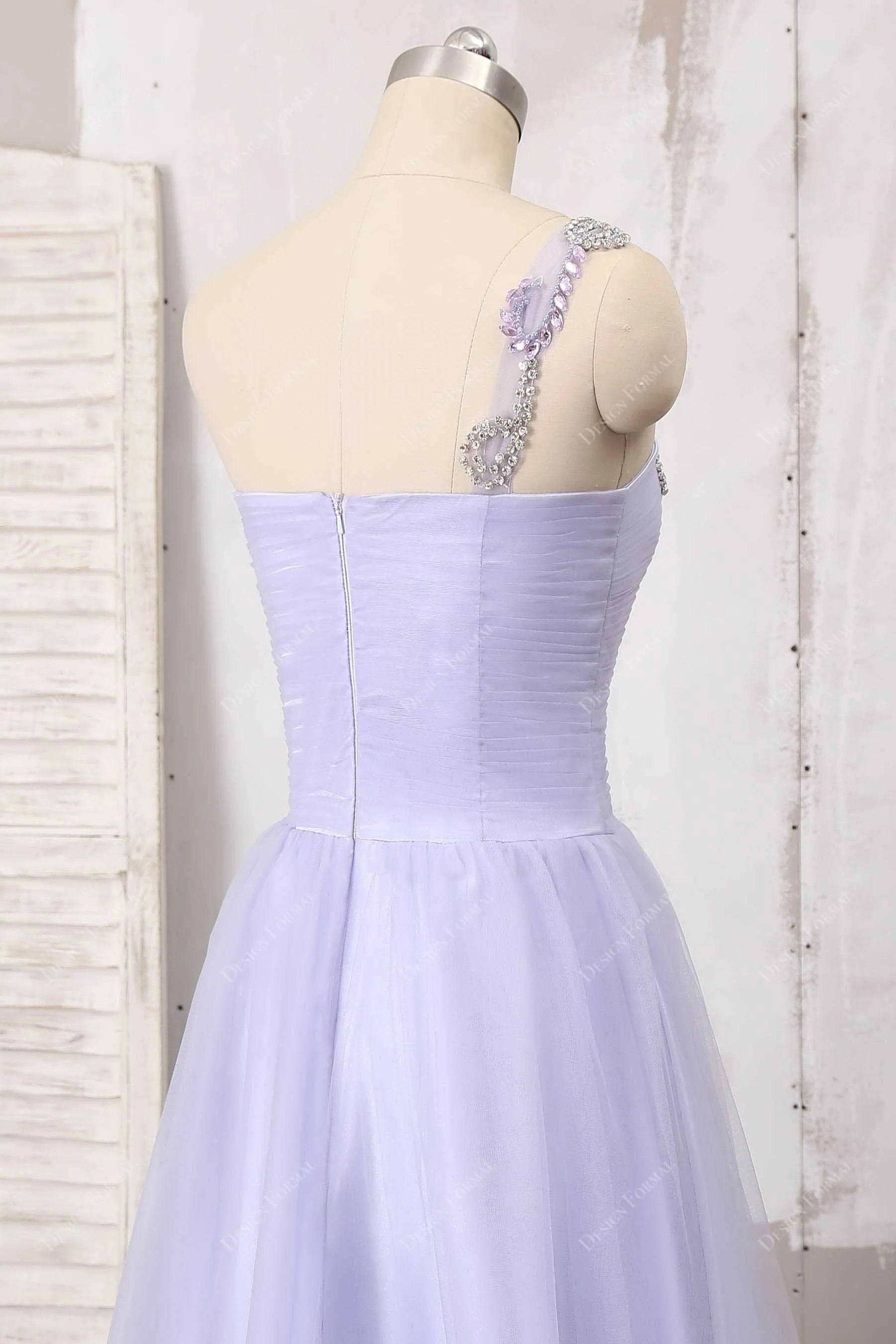 Beaded One Strap Lavender Tulle Floor Length A-line Dress