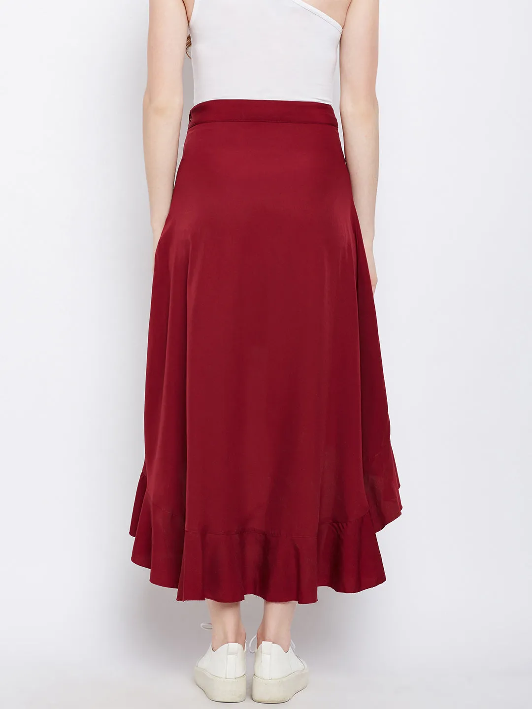 Berrylush Women Solid Maroon Waist Tie-Up Ruffled High-Low Wrap Maxi Skirt