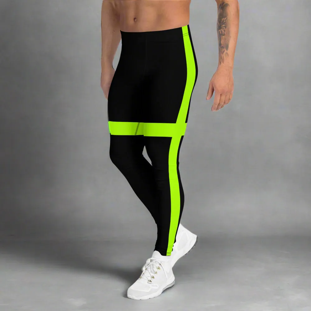 Black Green Neon Men's Leggings, Modern Minimalist Striped Meggings-Made in USA/EU/MX