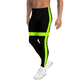 Black Green Neon Men's Leggings, Modern Minimalist Striped Meggings-Made in USA/EU/MX