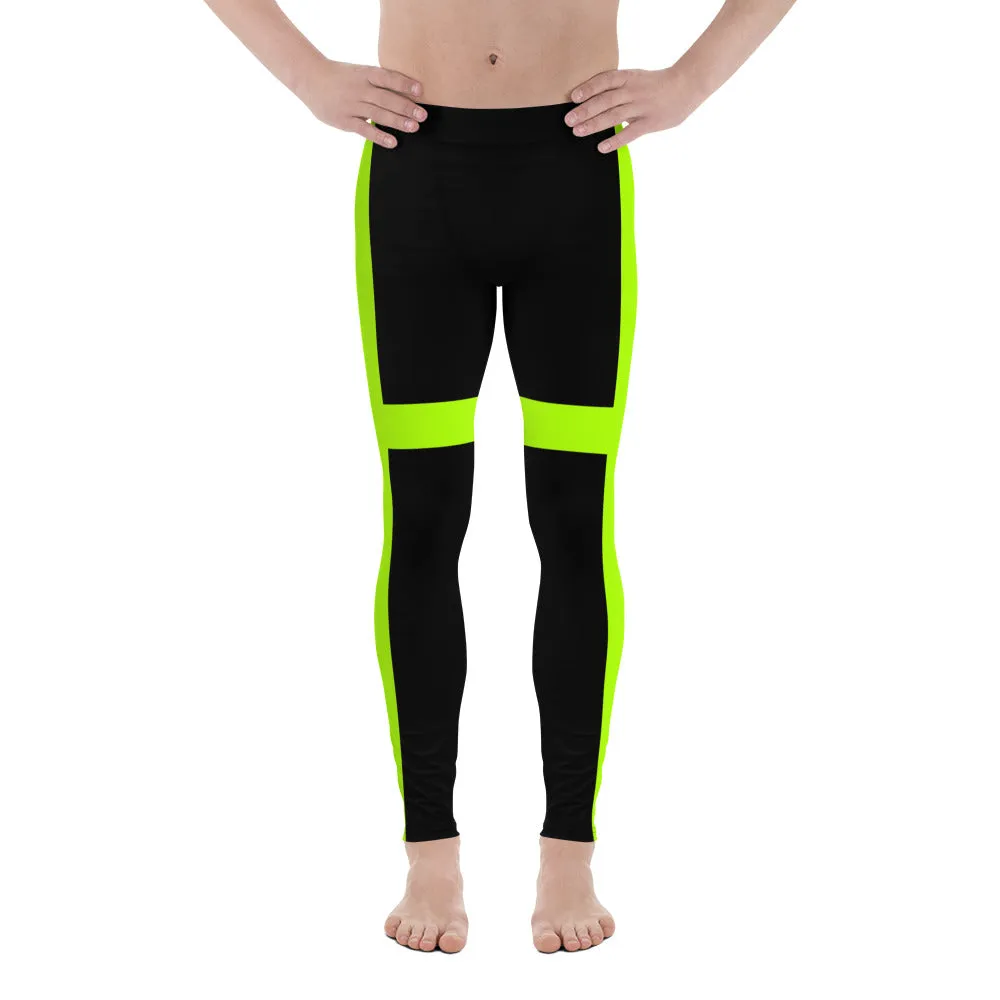 Black Green Neon Men's Leggings, Modern Minimalist Striped Meggings-Made in USA/EU/MX