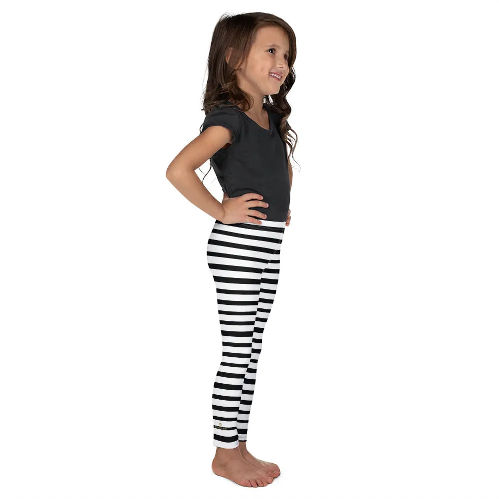 Black Horizontal Stripe Girl's Pants, Kid's Black White Leggings Elastic Fitness Tights- Made in USA/ EU