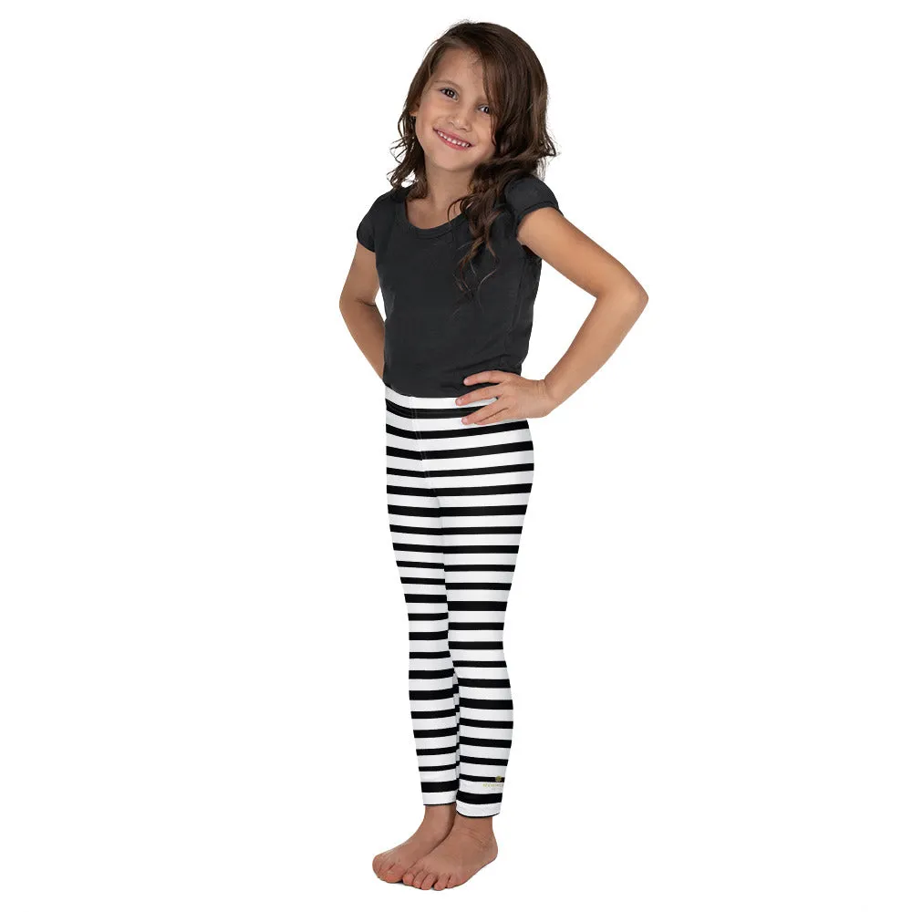 Black Horizontal Stripe Girl's Pants, Kid's Black White Leggings Elastic Fitness Tights- Made in USA/ EU