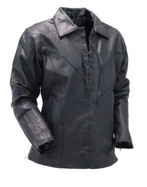 Black Leather Lace Up Pullover Shirt with Side Zippers #MS854LK ()