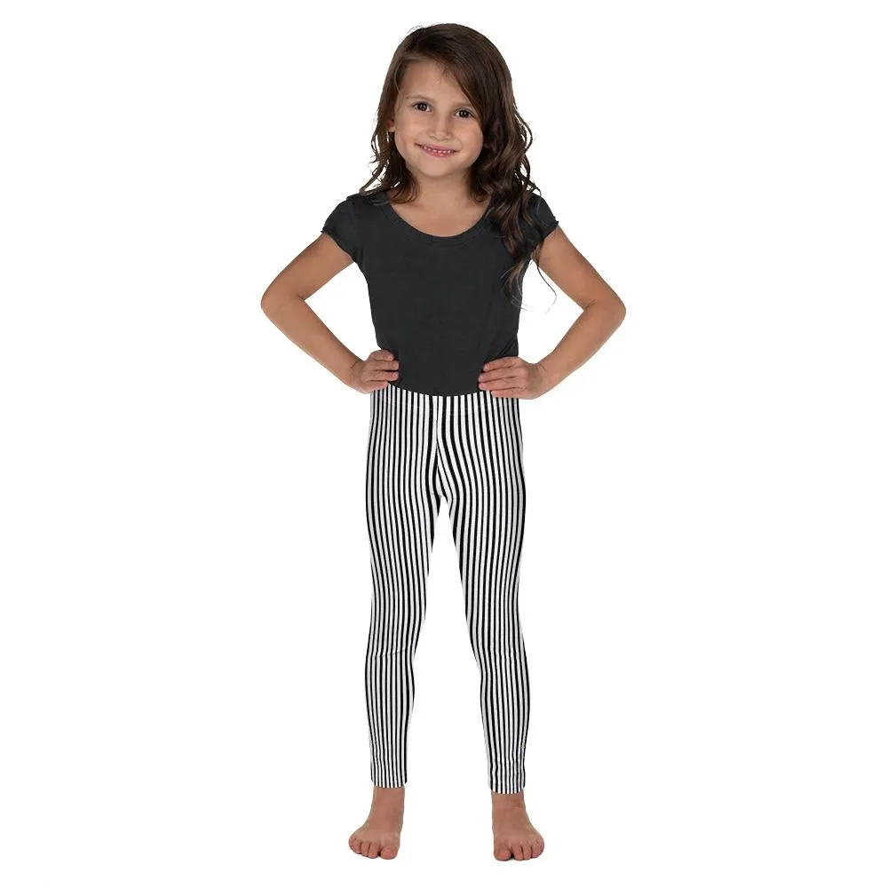 Black Striped Kid's Leggings, White Vertical Stripes Workout Girl's Pants -Made in USA/EU