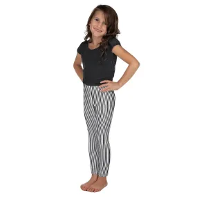 Black Striped Kid's Leggings, White Vertical Stripes Workout Girl's Pants -Made in USA/EU