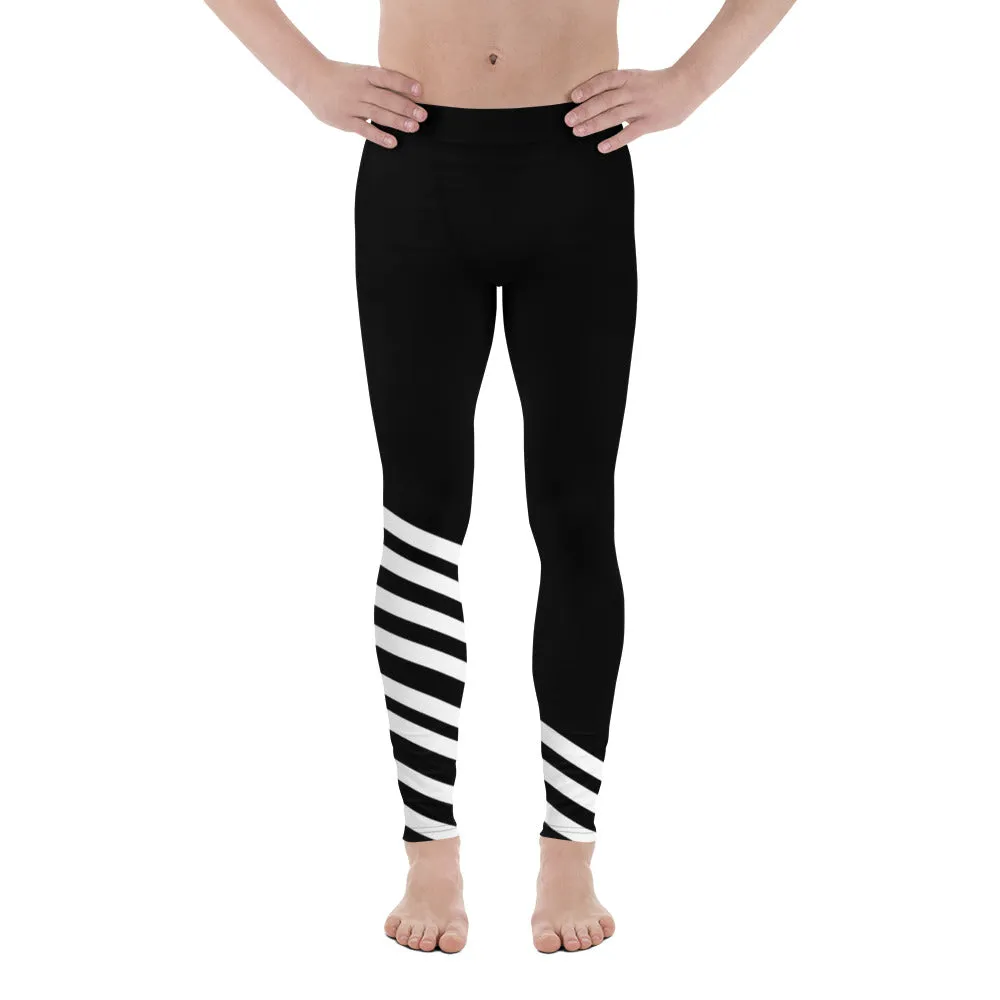 Black White Diagonal Striped Meggings, Modern Minimalist Striped Men's Athletic Running Leggings-Made in USA/EU/MX