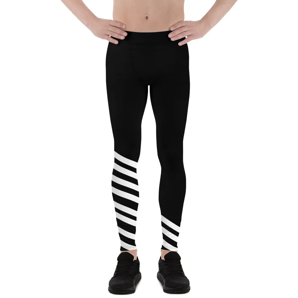 Black White Diagonal Striped Meggings, Modern Minimalist Striped Men's Athletic Running Leggings-Made in USA/EU/MX